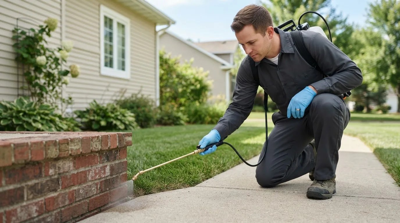 Pest control technician treating a home near Bolckow, MO